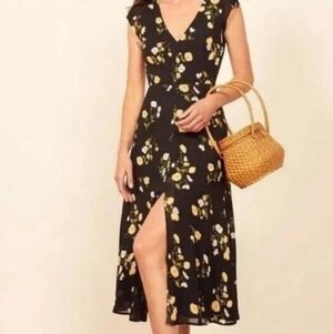 Reformation Black Floral Midi Wellfleet V-Neck Cutout Back Midi Dress